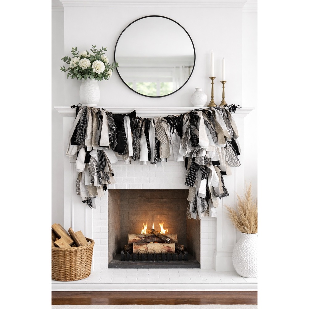 Handmade Fabric Rag Garland Banner Black White Grey Farmhouse‎ Mantle Decor 80in